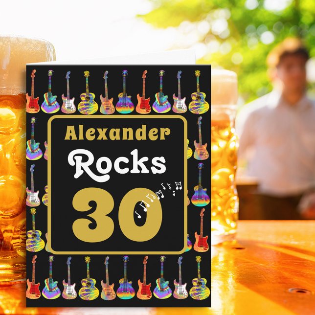 30-årsfirande Rock and Roll Gitarr Personlig Kort (Music lovers Guitar 30th birthday personalized name rocks 30 black and gold greetings card)