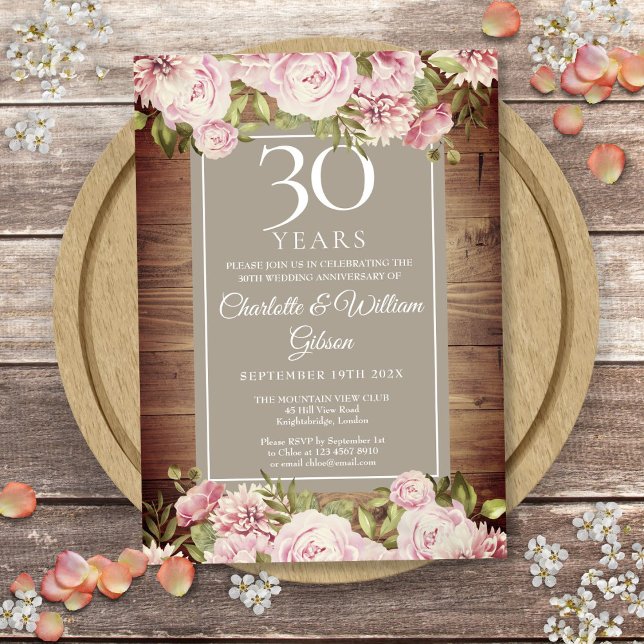 30-årsjubileum för bröllop Boho rustika rosor Blom Inbjudningar (30th Wedding Anniversary Boho Rustic Roses Floral Invitation)
