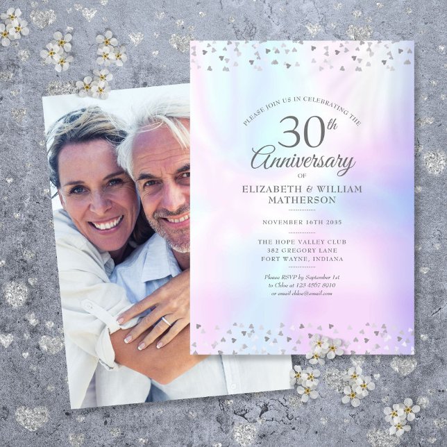 30-årsjubileum Foto Pärlhjärtan Konfetti Inbjudningar (30th Anniversary Photo Pearl Hearts Confetti Invitation)