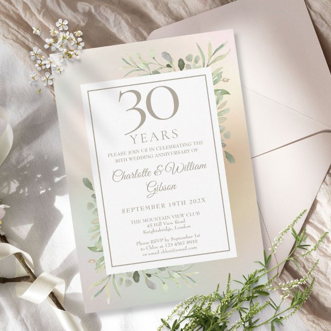 30-årsjubileum Greenery Blommig Pärl Inbjudningar (30th Wedding Anniversary Greenery Floral Pearl Invitation)