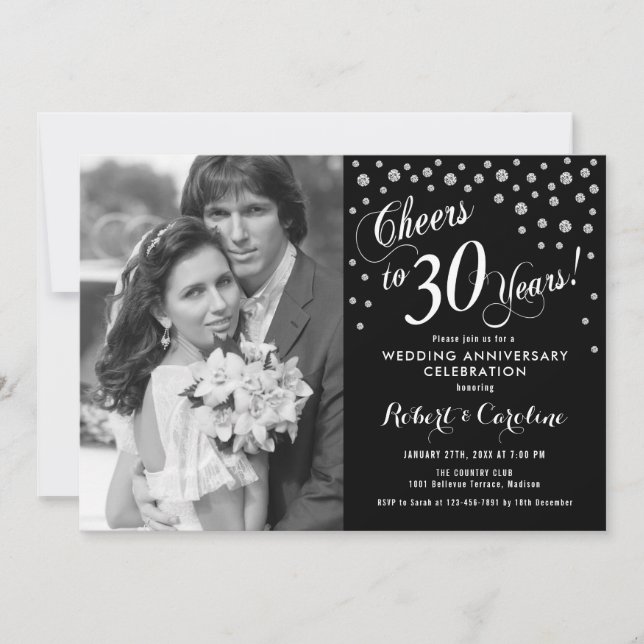 30-årsjubileum med foto - Silver Vitt Svart Inbjudningar (Framsida)