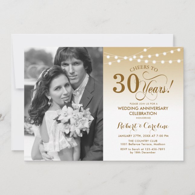 30-årsjubileum med Photo - Guld White Inbjudningar (Framsida)