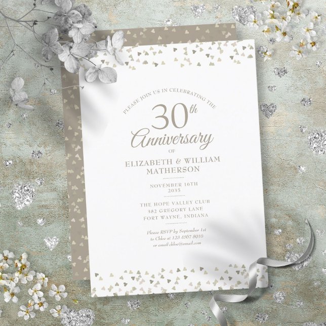 30-årsjubileum Pärlhjärtan Konfetti Inbjudningar (30th Wedding Anniversary Pearl Hearts Confetti Invitation)