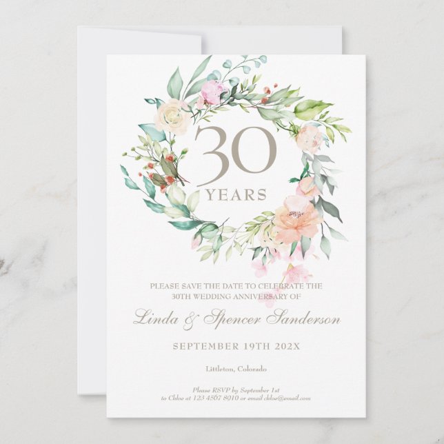 30-årsjubileum Spara datum Pärlblommor Rosor Inbjudningar (Framsida)