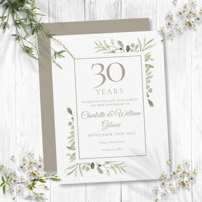 30-årsjubileum Spara datum - vattenfärgsenery Meddelande Vykort (30th Anniversary Save the Date Watercolor Greenery Announcement Postcard)