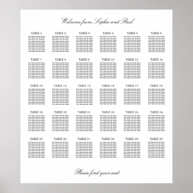 30 Bord Elegant Minimalistisk Sittplatskarta Poster (Framsidan)