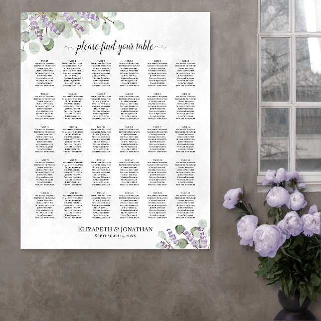 30 Bord Lavendel Eukalyptus Bröllops Placeringspla Poster (In Situ on Wall with Flowers)