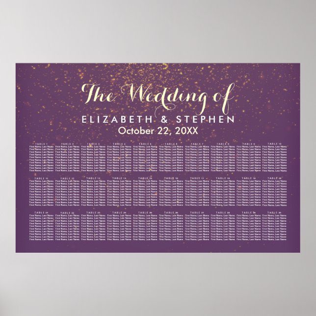 30 Bord Lila Guld Glitter Bröllop, sittplatsdiagra Poster (Framsidan)