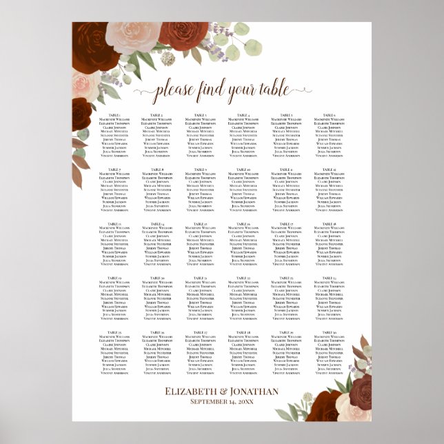 30 Bord Rustika Fallrosor Bröllopsplatskarta Poster (Framsidan)