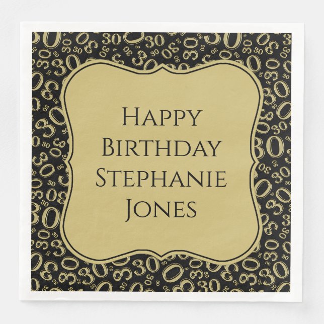 30 dagars nummer på födelsedagen Black/Guld Mönste Pappersservett (Framsida)