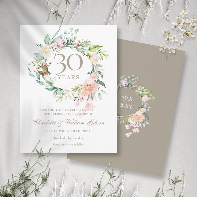 30:e årsdagen Spara Blommigten Date Ro Meddelande Vykort (30th Pearl Anniversary Save the Date Roses Floral Announcement Postcard)