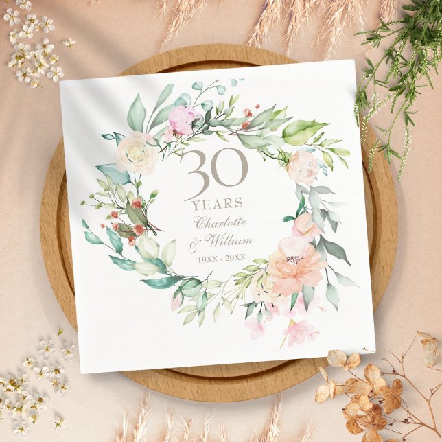30:e Bröllop-årsdagen Pearl Ro Garland Pappersservett (30th Wedding Anniversary Pearl Roses Garland Napkins)