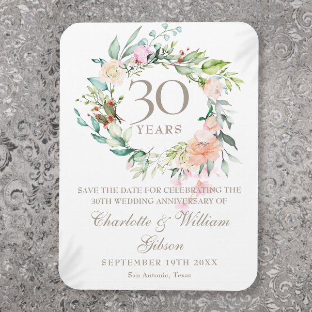 30:e Bröllop-årsdagen Spara Blommigten Datum Magnet (30th Wedding Anniversary Floral Save the Date Magnet)