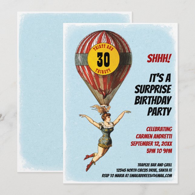 30:e Circus Balloon Girl Inbjudningar (Fram/baksida)