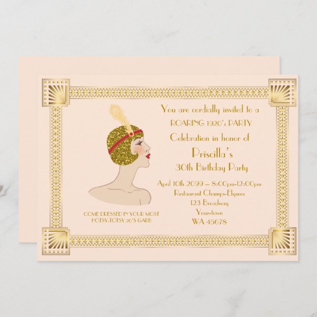 30:e eller någon,Födelsedagsfest kvinna,Gatsby,gul Inbjudningar (Fram/baksida)