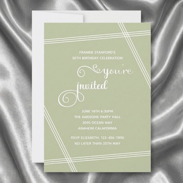 30:e enkla moderna eleganta födelsedagsinbjudninga (Sage Green 30th birthday invitation. Grey silk background.)