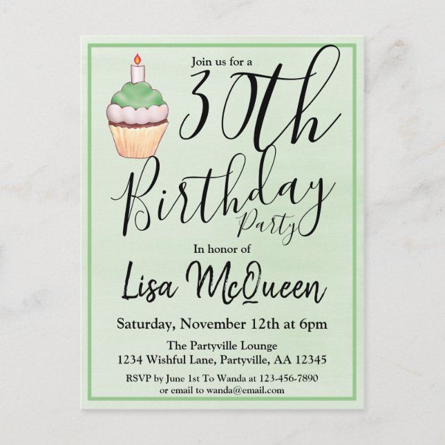 30:e Grönten Vattenfärgad cupkaka-födelsedag Inbjudan Vykort (Framsida)