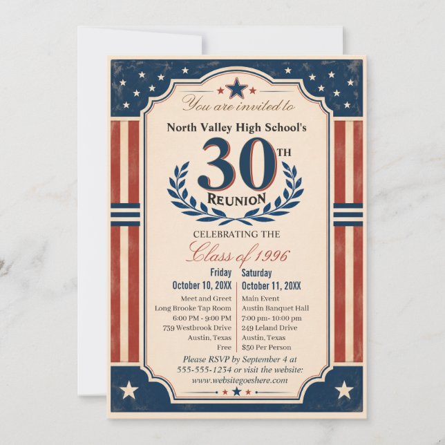 30:e klassåterträffen Americana Röd Vit Inbjudningar (Framsida)
