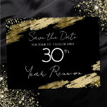 30:e klassvykortet Reunion Black and Guld Elegant Vykort<br><div class="desc">Elegant Faux guld-plattor formgivning. All text är justerbar och lätt att ändra för dina egna behov i party. Spara vykorten för återförening av klassen Date. Svart och guld,  elegant,  snyggt,  skript,  modern,  trendig,  personlig.</div>