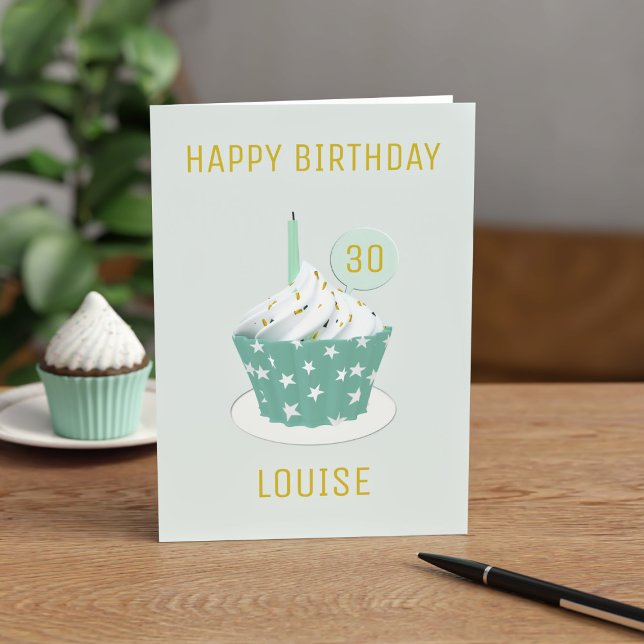 30:e Mint Cuptårta Grattis på födelsedagen-kort Kort (Happy Birthday Cupcake! Just add a name and age and send with a cake!)