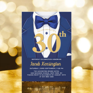 30:e navy Blue and Guld Tuxedo Birthday Event Inbjudningar