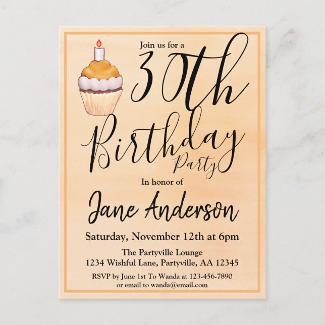 30:e Orangen Cupkaka Birthday Inbjudan Vykort (Framsida)