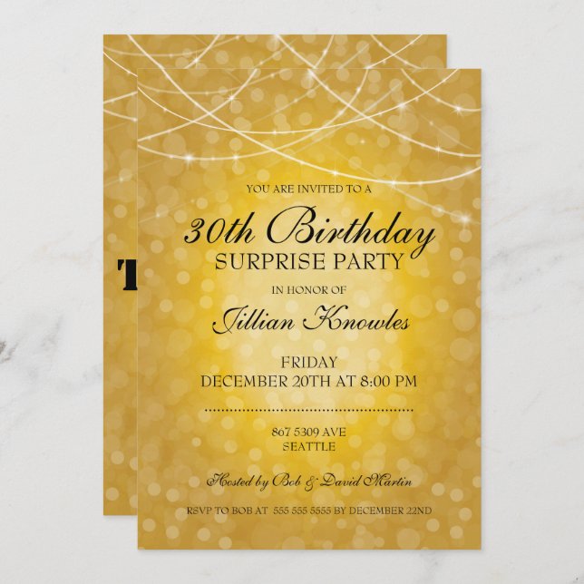 30:e överraskningen Party Guld Bokeh String Ljus Inbjudningar (Fram/baksida)