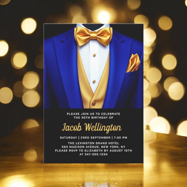 30:e Royalet Blue och Guld Tuxedo Birthday Event Inbjudningar (Skapare uppladdad)