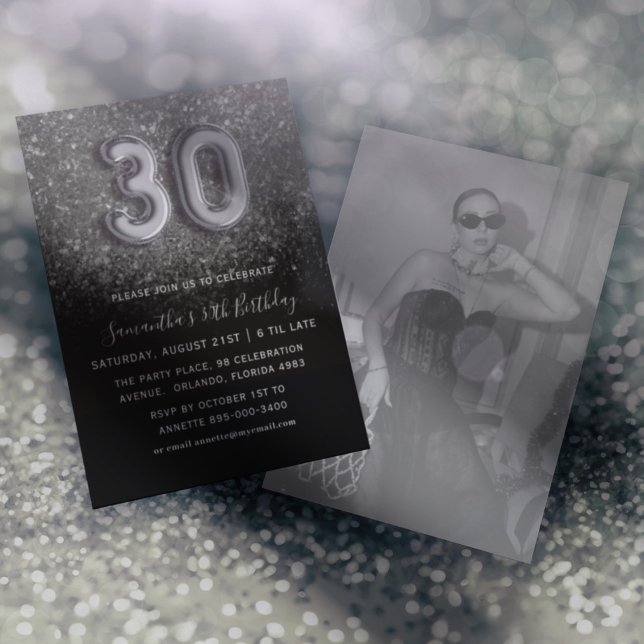 30:e Silver & Black Glitter Födelsedagsfest Inbjudningar (Skapare uppladdad)
