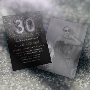 30:e Silver & Black Glitter-Födelsedagsfesten Inbjudningar
