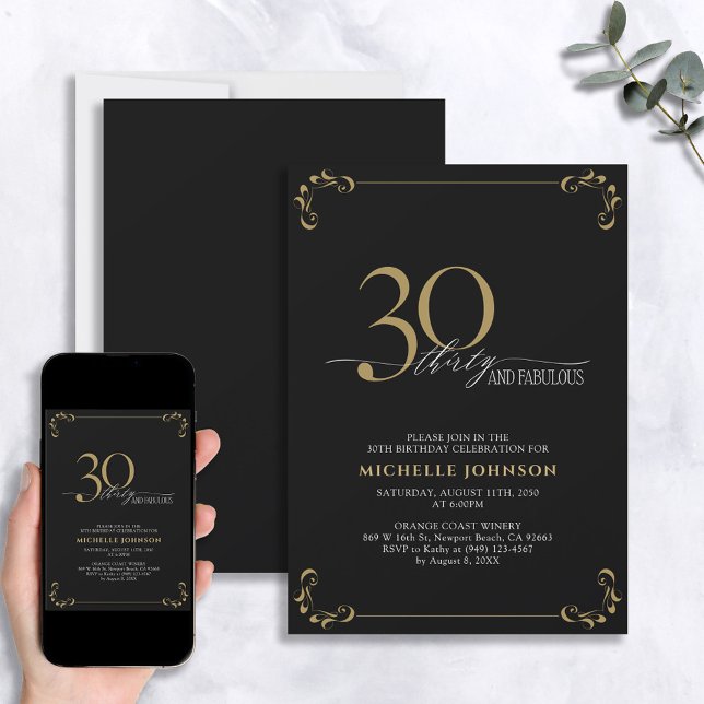 30 & Fabulous Black & Guld Calligraphy Birthday in Inbjudningar (Skapare uppladdad)