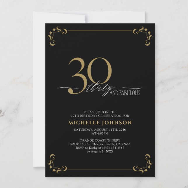 30 & Fabulous Black & Guld Calligraphy Birthday Inbjudningar (Framsida)