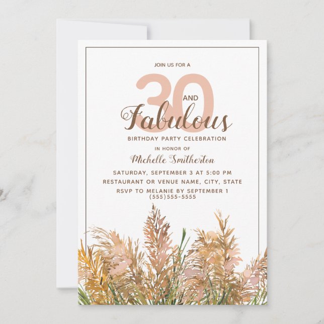 30 Fabulous Pampas Grass on White Birthday Inbjudningar (Framsida)