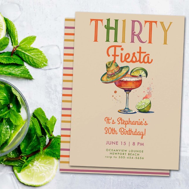 30 Fiesta Colorful Margarita 30års födelsedag Inbjudningar (thirty fiesta 30 birthday party invitations for women colorful cocktail margarita glass sombrero)