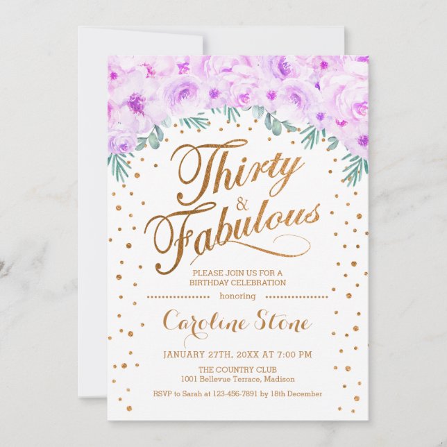 30 Födelsedagsfest - Vit Guld Lila Inbjudningar (Framsida)