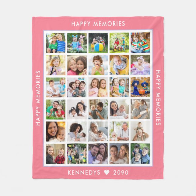 30 Fotokollage Familjenamn Minnen Rosa Fleecefilt (Framsidan)