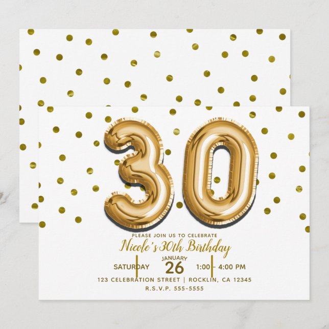 30 Guld Ballonger & Konfetti 30-års Födelsedagsfes Inbjudningar (Fram/baksida)