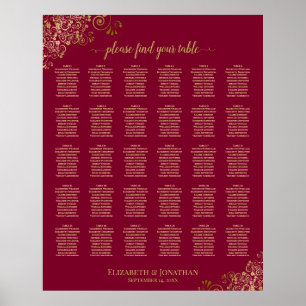 30 Guld-frillar på sittplatskartan i Burgundy Bröl Poster