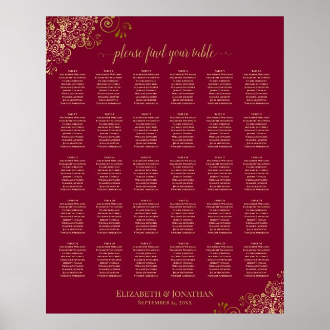 30 Guld-frillar på sittplatskartan i Burgundy Bröl Poster (Framsidan)