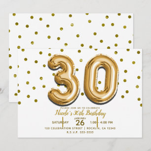 30 guldbalonger & konfetti 30-årsfest inbjudningar