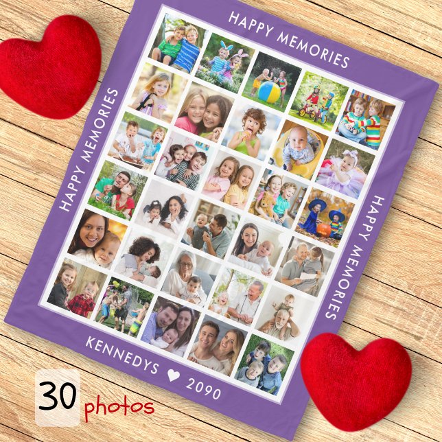 30 Lila för Photo Collage Family Namn Memories Fleecefilt (30 Photo Collage Family Name Memories Purple Fleece Blanket
)