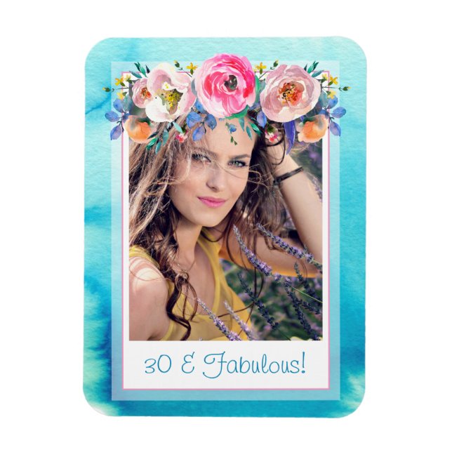 30 och Fabulerat Blue Blommigt Photo Template Magnet (Vertikal)