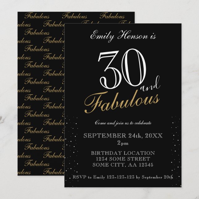 30 och Fabulous Black Elegant Script Birthday Inbjudningar (Fram/baksida)