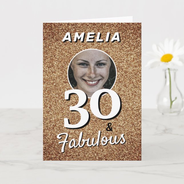 30 och fantastisk guldglitter 30-års födelsedagsfo kort (Liten växt)