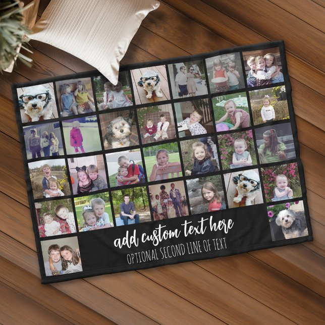 30 rutnät för fotokollage - 2 textrutor - svart vi fleecefilt (Personalized fleece blanket with 30 photos and custom text)