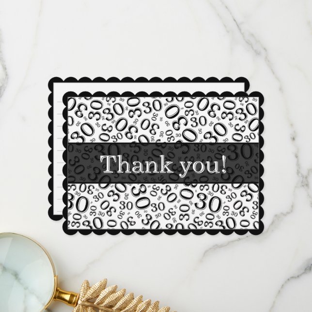 30 "Thank you!" Black/White Number Pattern Tack Kort (Fram/Back In Situ)