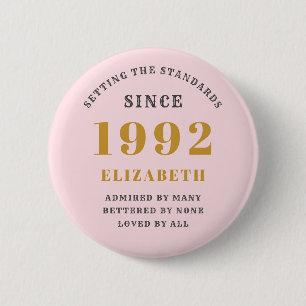 30års födelsedag 1992 Elegant Guld Rosa Grått Knapp