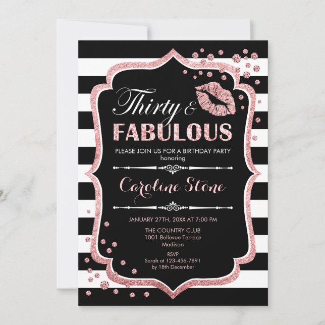 30års födelsedag - 30 Fabulous Black Ro Guld Inbjudningar (Framsida)