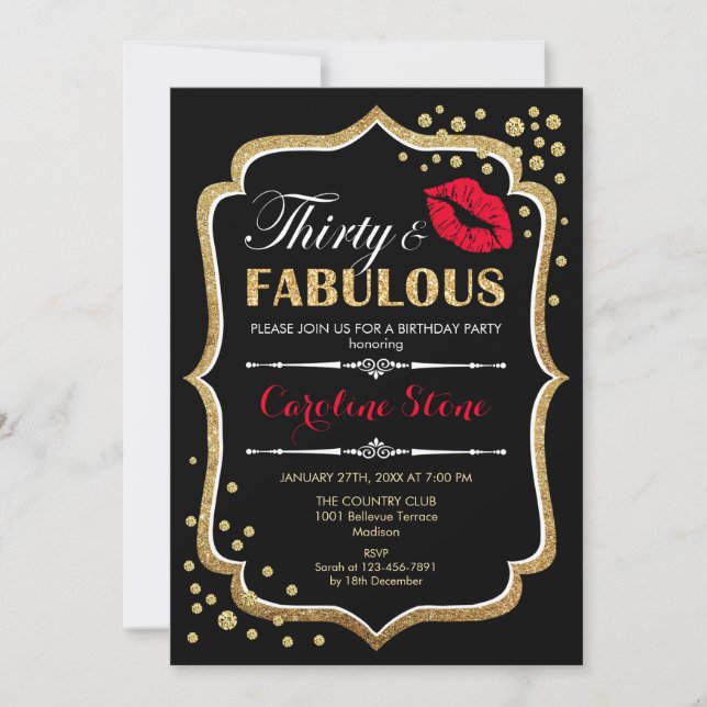 30års födelsedag - 30 Fabulous Guld Black Red Inbjudningar (Framsida)