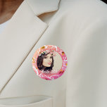 30års födelsedag anpassningsbar fotot rosa botanis knapp<br><div class="desc">En elegant och ett modernt botaniskt mönster i grenar och löv i rosa grönt och vit som bakgrund. En tunn vit ram och mall för Ditt foto. Vit textövertäckning: Hej 30! En knapp för ett giftigt 30års födelsedag party.</div>